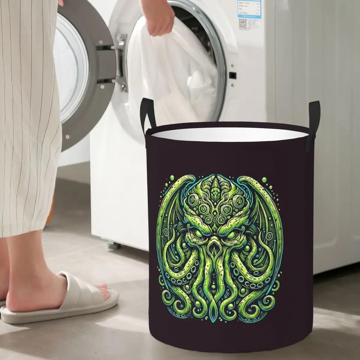 Cesto per biancheria pieghevole a forma di polpo Cthulhu verde con tentacoli e denti, per vestiti sporchi e giocattoli, borsa grande impermeabile