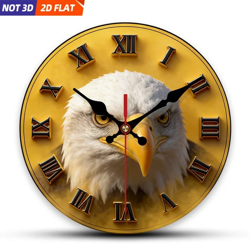 2D Piatto. 1 pezzo. Orologio da parete a tema Aquila Calva, orologio decorativo silenzioso, orologio da parete creativo, decorazione per camera da letto, soggiorno, ufficio