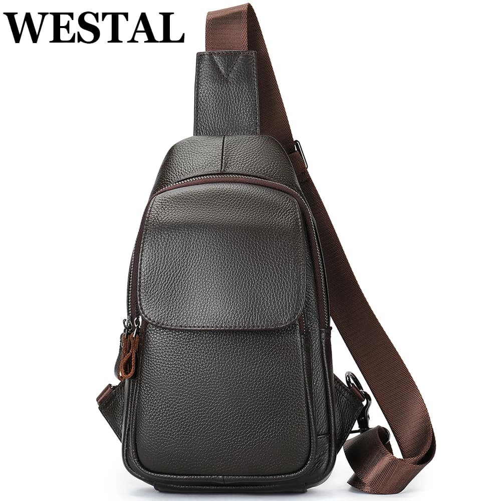 WESTAL Coffee genuine leather handbag for men handbags on the chest shoulder bag gift wallet husband bag strap bag Fashion Luxury Designer