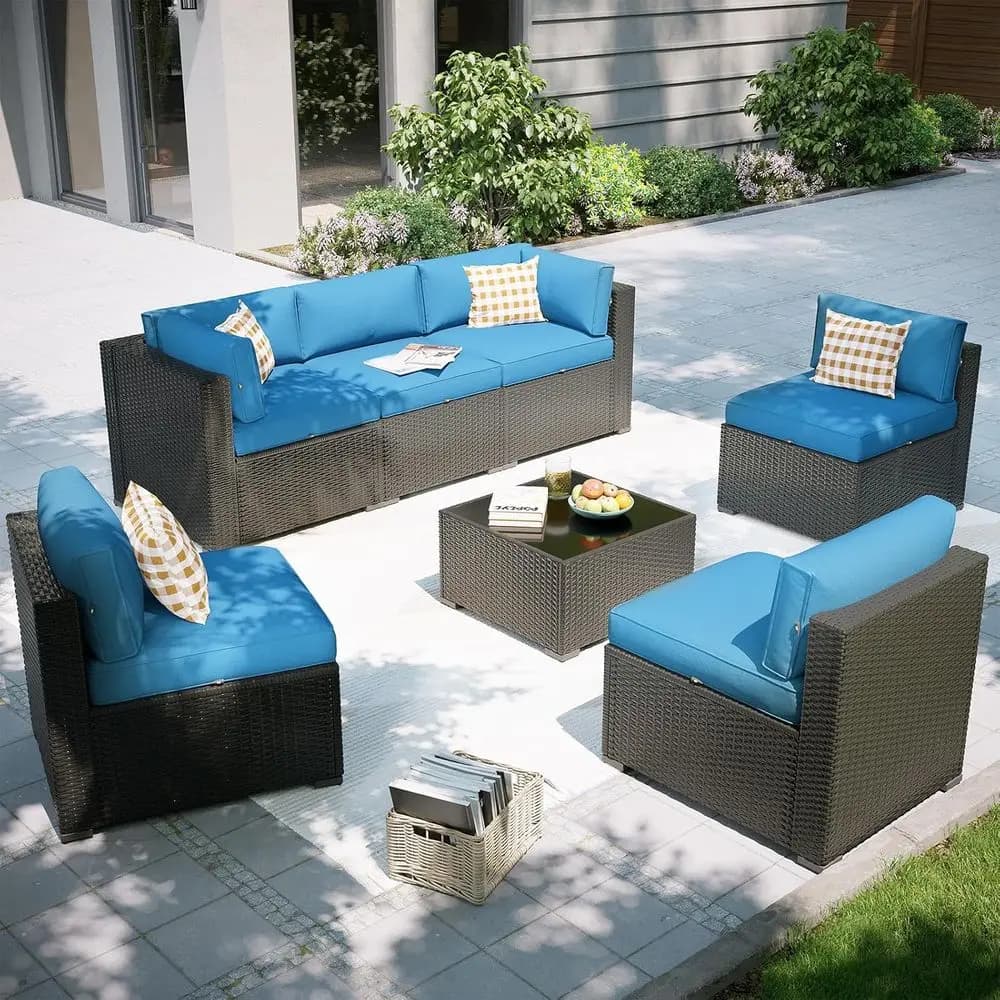 Set Divano Sezionale da Esterno a 7 Pezzi con Copertura Impermeabile, Mobili da Giardino in Rattan, Blu Pavone per Cortile o Giardino