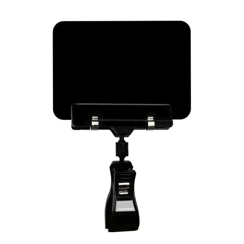 Porta cartello in plastica nera con clip pop per lavagna per pennarello a gesso, display per etichette alimentari, supporto per carte rotante