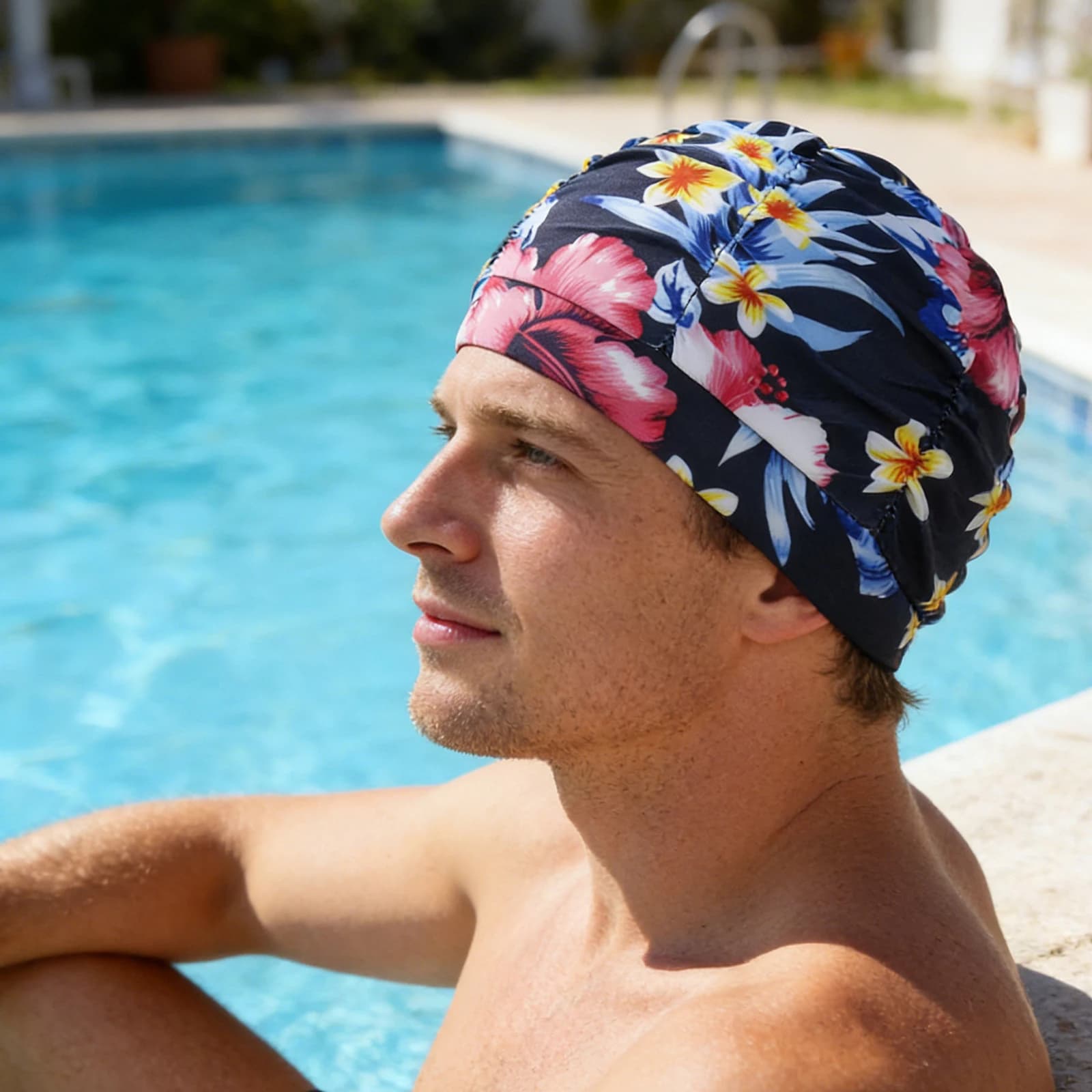 Printed Fabric Swim Cap Breathable Quick Drying Swimming Hat Lightweight Elastic Flexible Swim Caps for Beach/Pool/Indoor Spa