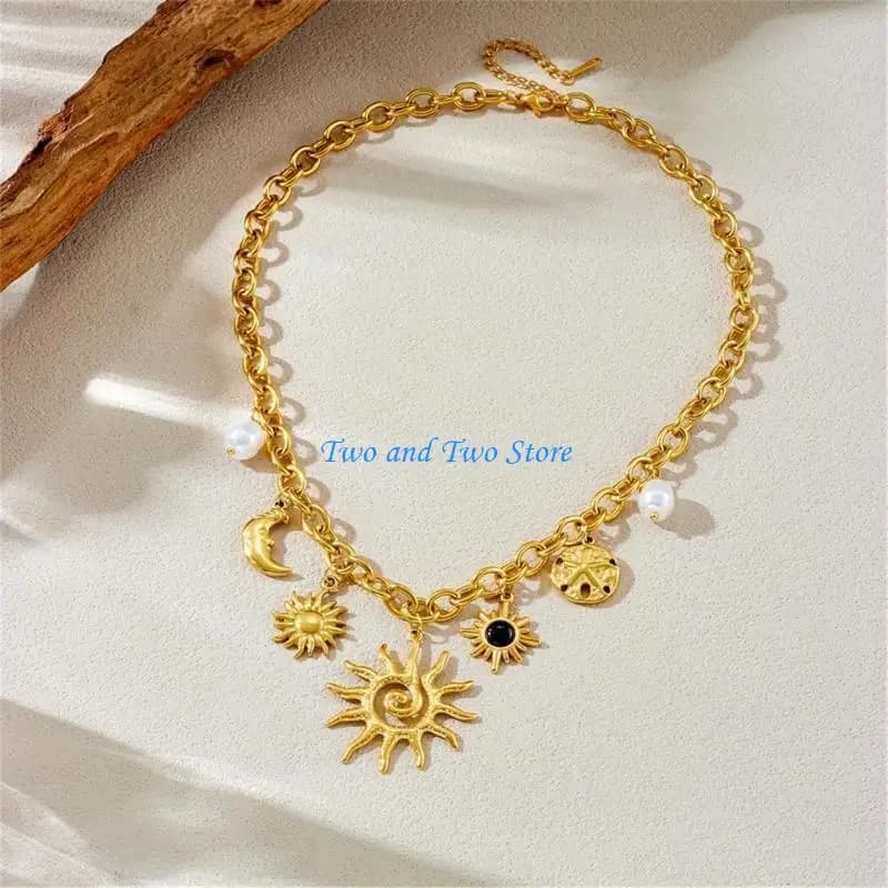 HX6F Collana con ciondolo Sole Luna regolabile tono oro Collana leggera in acciaio inossidabile con catenina da indossare tutti