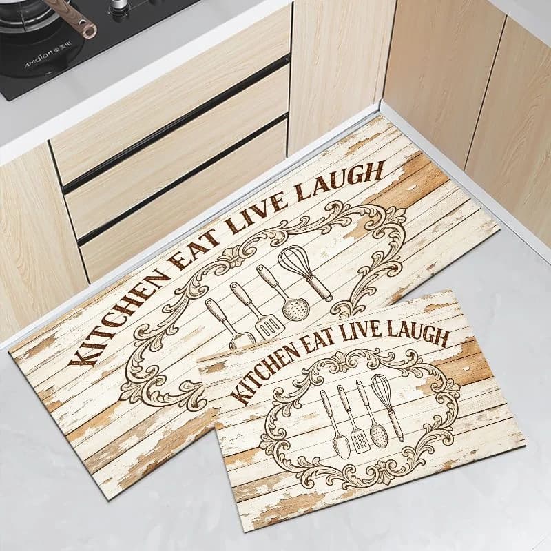 VIKAMA Rustic Distressed Wood Kitchen Mat Waterproof Non Slip Runner Rug Eat Live Laugh Farmhouse Floor Decor Carpet