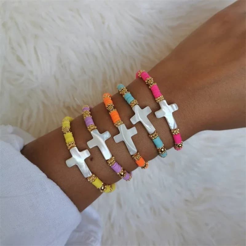 CCGOOD Braccialetti con croce cristiana per donna Bracciale con fede impilabile elasticizzato Boho Perline in argilla polimerica Gioielli Pulseras
