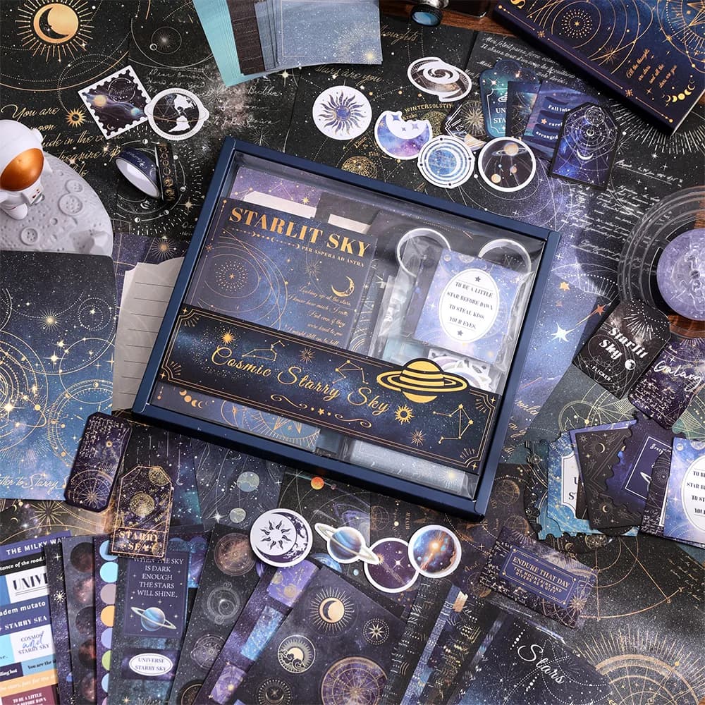 201 Pcs Vintage Starry Sky Scrapbook Paper Kit Aesthetic Junk Journal Supplies with Scarpbook Paper Stickers Decorative Tapes