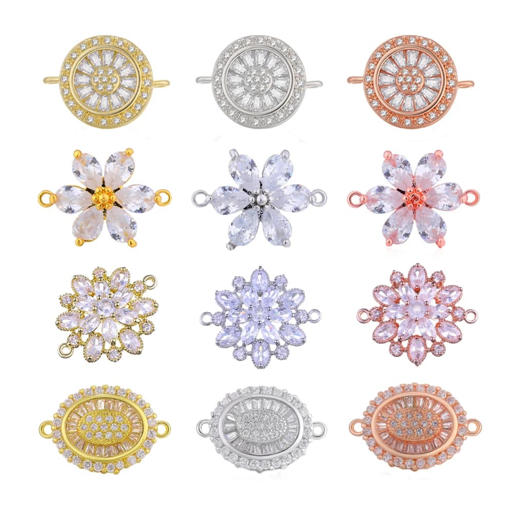 Juya 3 pezzi/lotto accessori decorativi fatti a mano con zirconi cubici, connettori a forma di fiore per la creazione di gioielli fai da te, braccialetti e orecchini