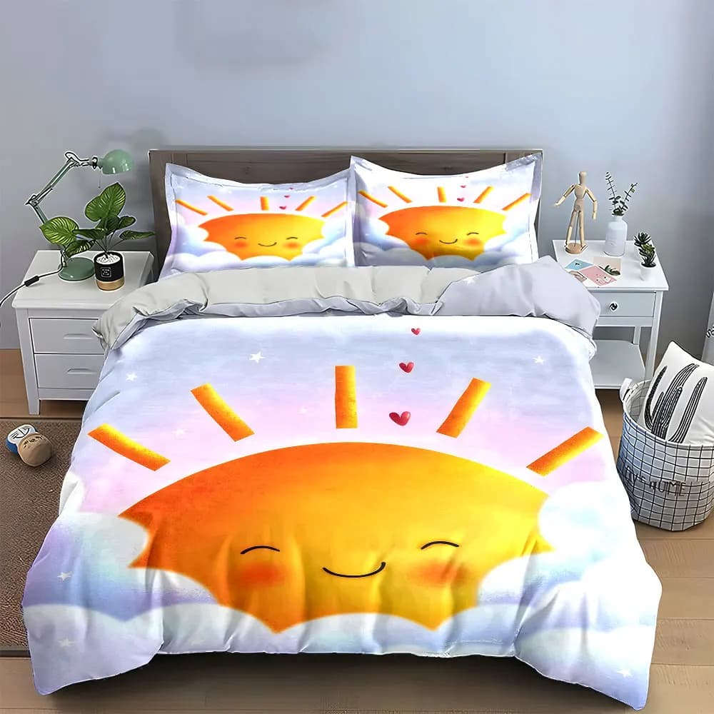 Set di biancheria da letto morbido e delicato sulla pelle Sunshine Cartoon Three-Piece Decor, include 1 copripiumino e 2 federe, idea regalo