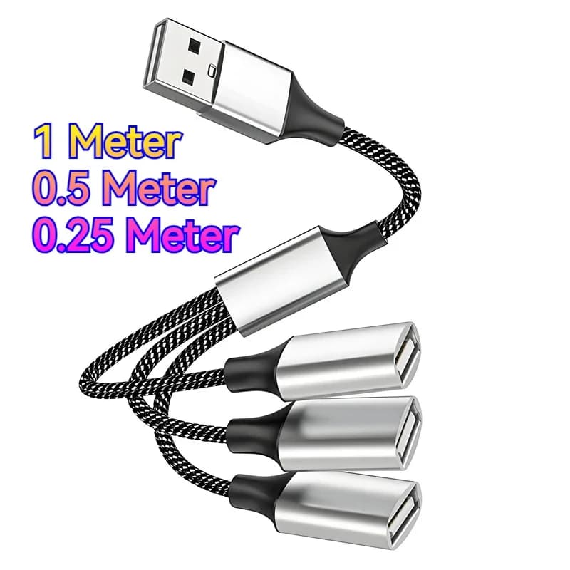 3-in-1 USB Splitter HUB Simultaneous 3-Device Support Fast Data Transfer Charging 1m 0.5m 0.25m Length for Computer Laptop Car
