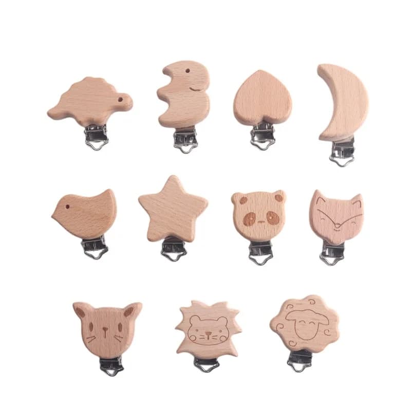 10 clip in legno di faggio, staffa metallica, porta ciuccio, catena ciuccio fai da te, accessori artigianali fatti a mano