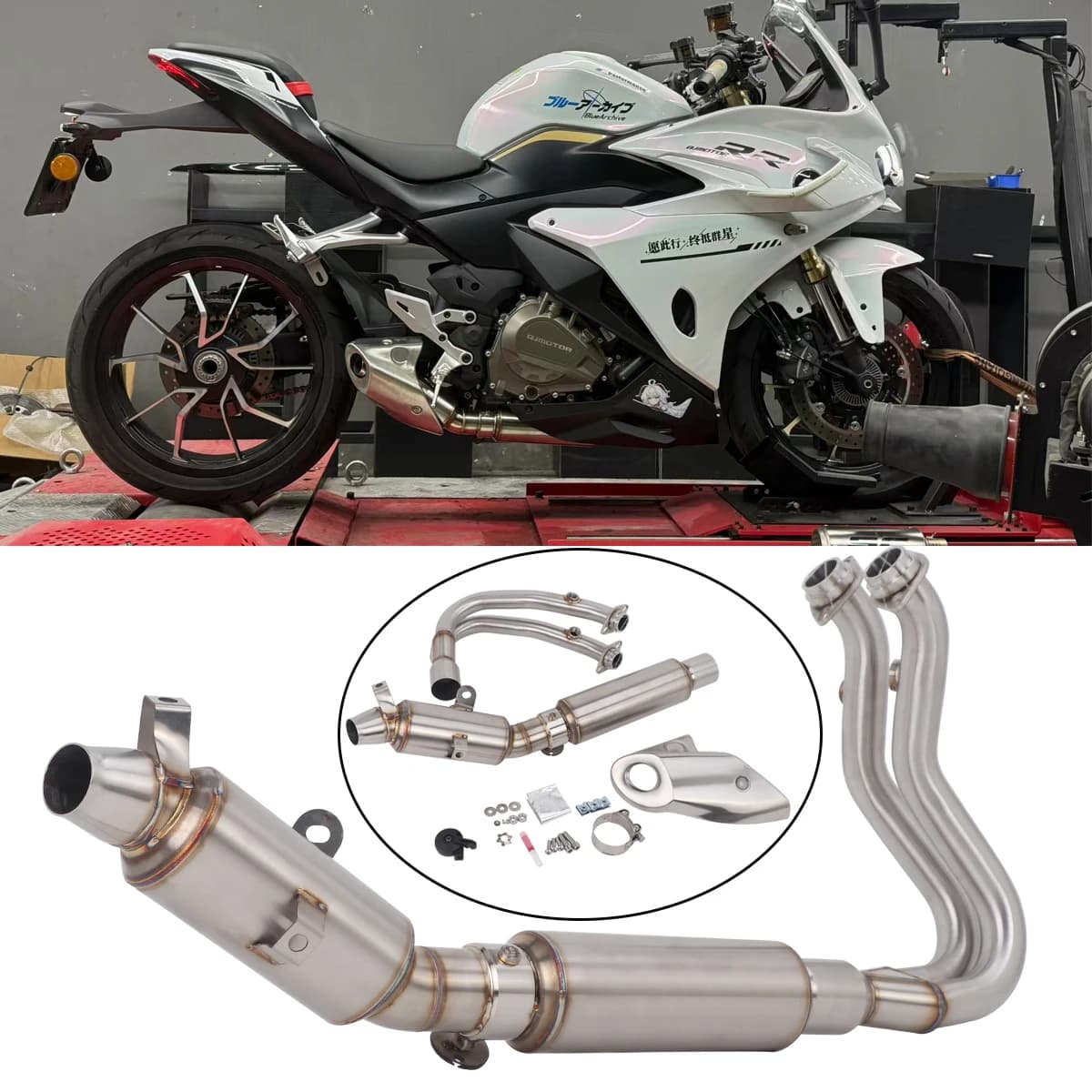 Sistema di scarico completo Slip-On per QJMOTOR QJ450GS con copertura, tubo collettore moto e valvola manuale modificata