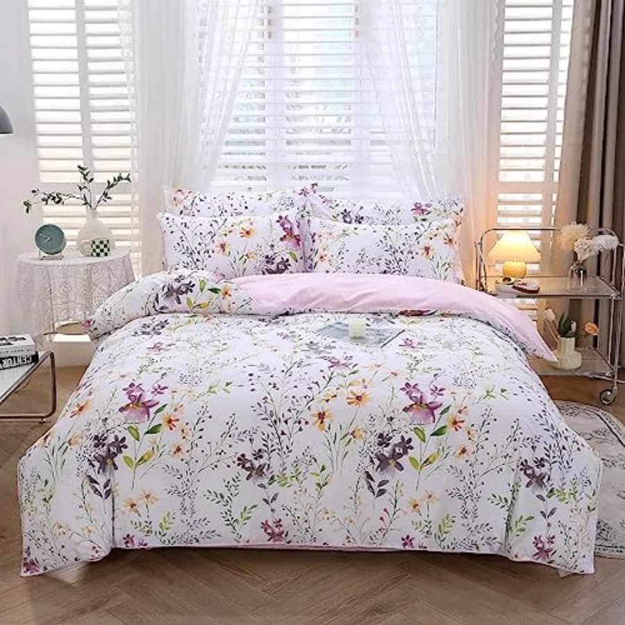 Set Floral Cover 3 Pieces Single Size Cotton Egyptian Beads, Pattern Garden Chic Flowers, Set Bed Linen Soft and Comfortable