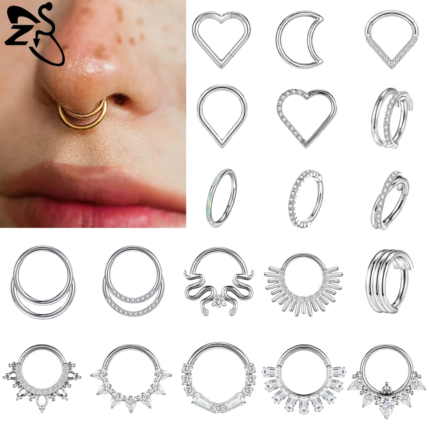 ZS 1 pezzo G23 acciaio al titanio cerchio anello al naso 6/8/10MM setto piercing cuore luna serpente elica cartilagine piercing orecchino gioielli