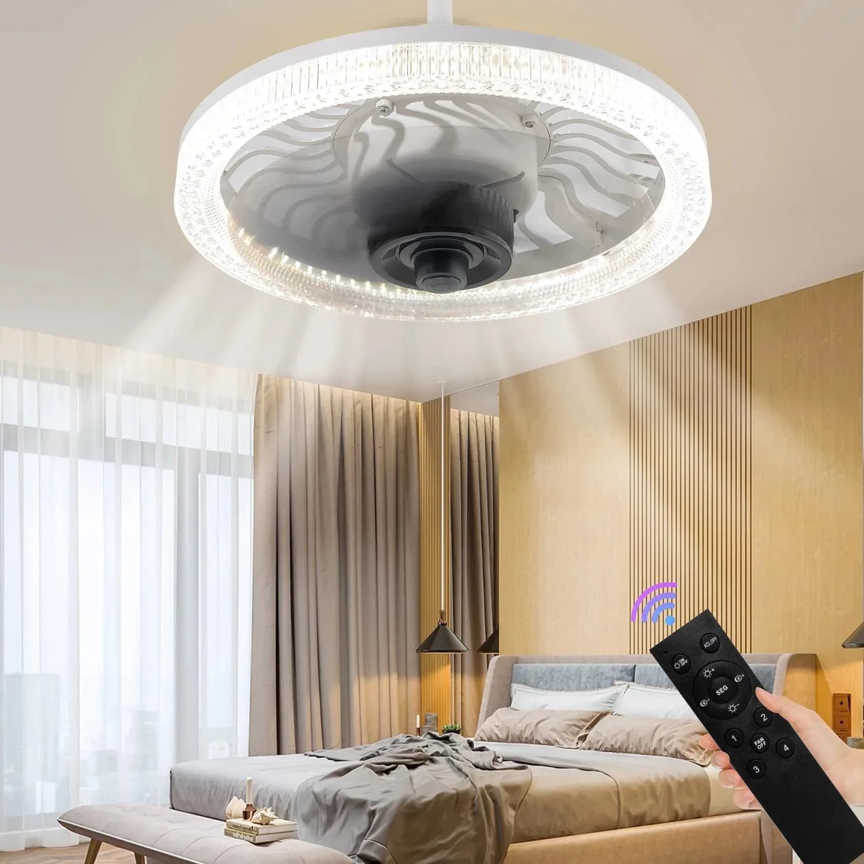 Ventilatore da soffitto a LED intelligente con telecomando dimmerabile Base E27 Ventilatore elettrico domestico Lampada Camera da letto Cucine Studio Soggiorno