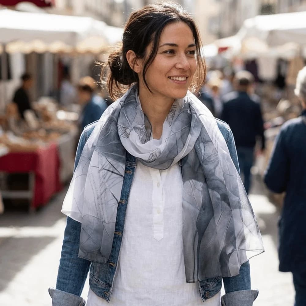 Lightweight Scarf with Floral Print, Soft and Breathable, Silk Beach Scarves, Versatile Long Chiffon Scarf with Lotus Print, Solar Protection