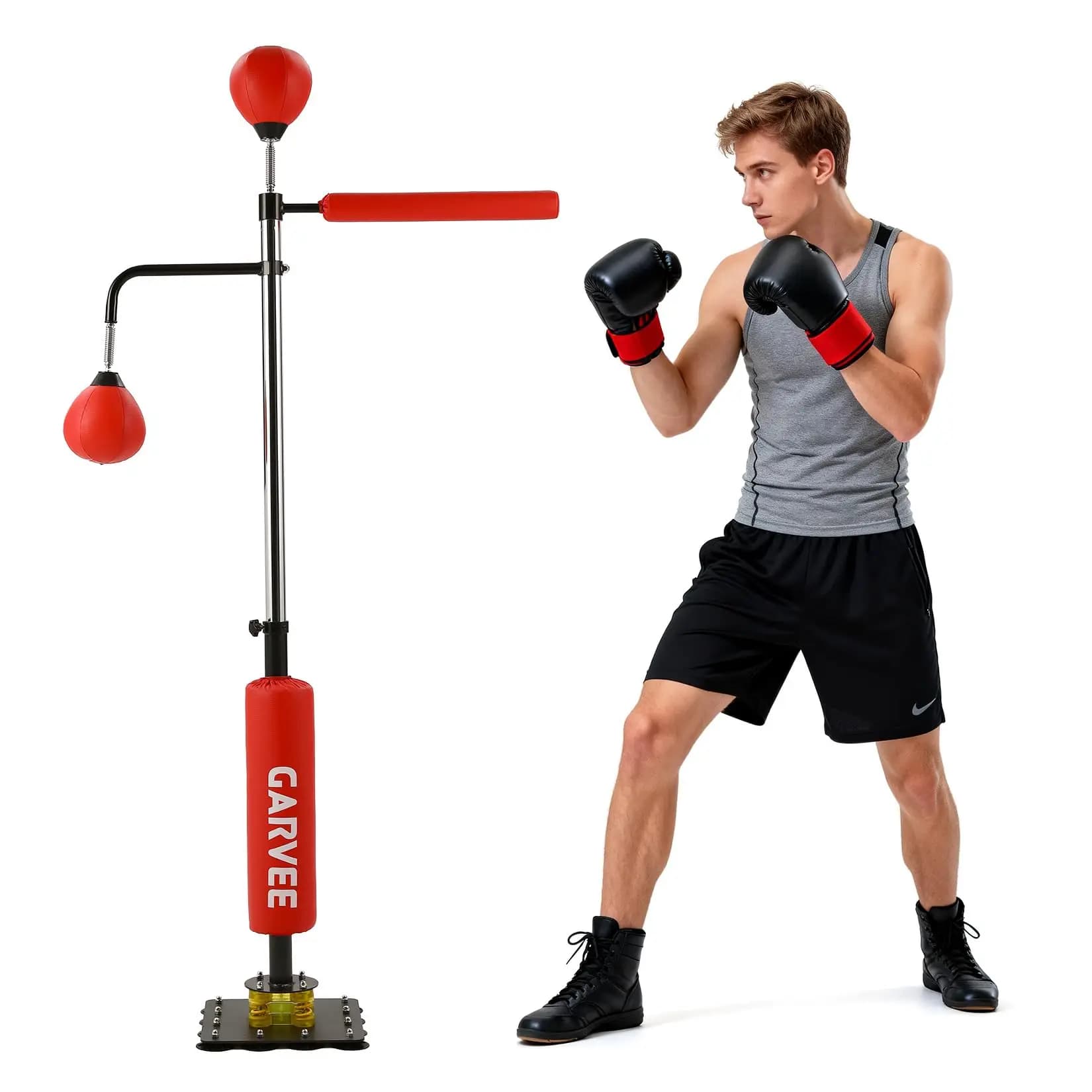 Sacco da Boxe Autoportante con 2 Palle Veloci e Rotazione a 360° ° Relax Bar, Sacco da Boxe Regolabile in Altezza 106 x 140-205 cm con Supporto
