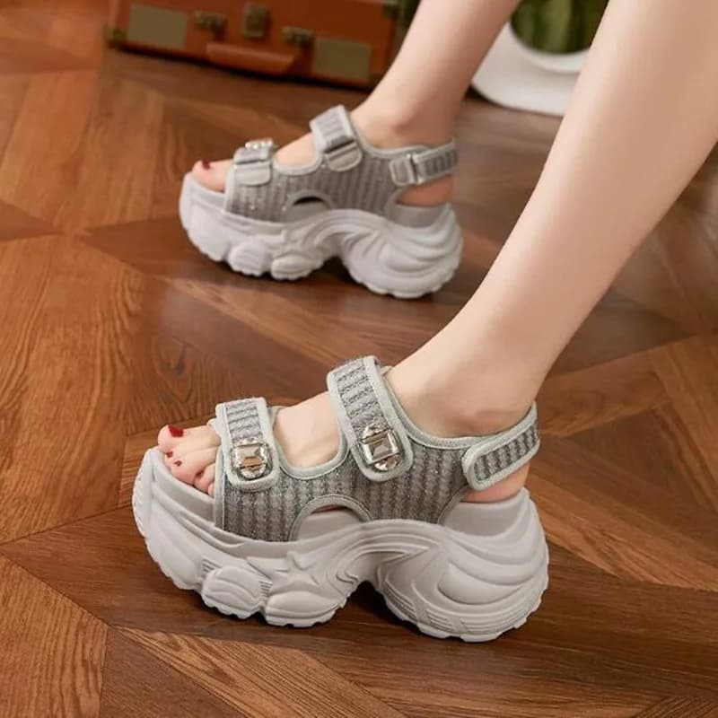 2026 Women's Thick Heels Sandals Summer Breathable Slip-On Slippers Magic Tape Leather Beach Sandals Bling Diamond Casual Shoes