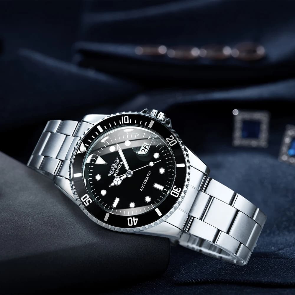 WINNER Business Orologi meccanici Orologio automatico classico di marca di lusso per uomo Lunetta girevole Quadrante luminoso Orologio con cinturino in acciaio