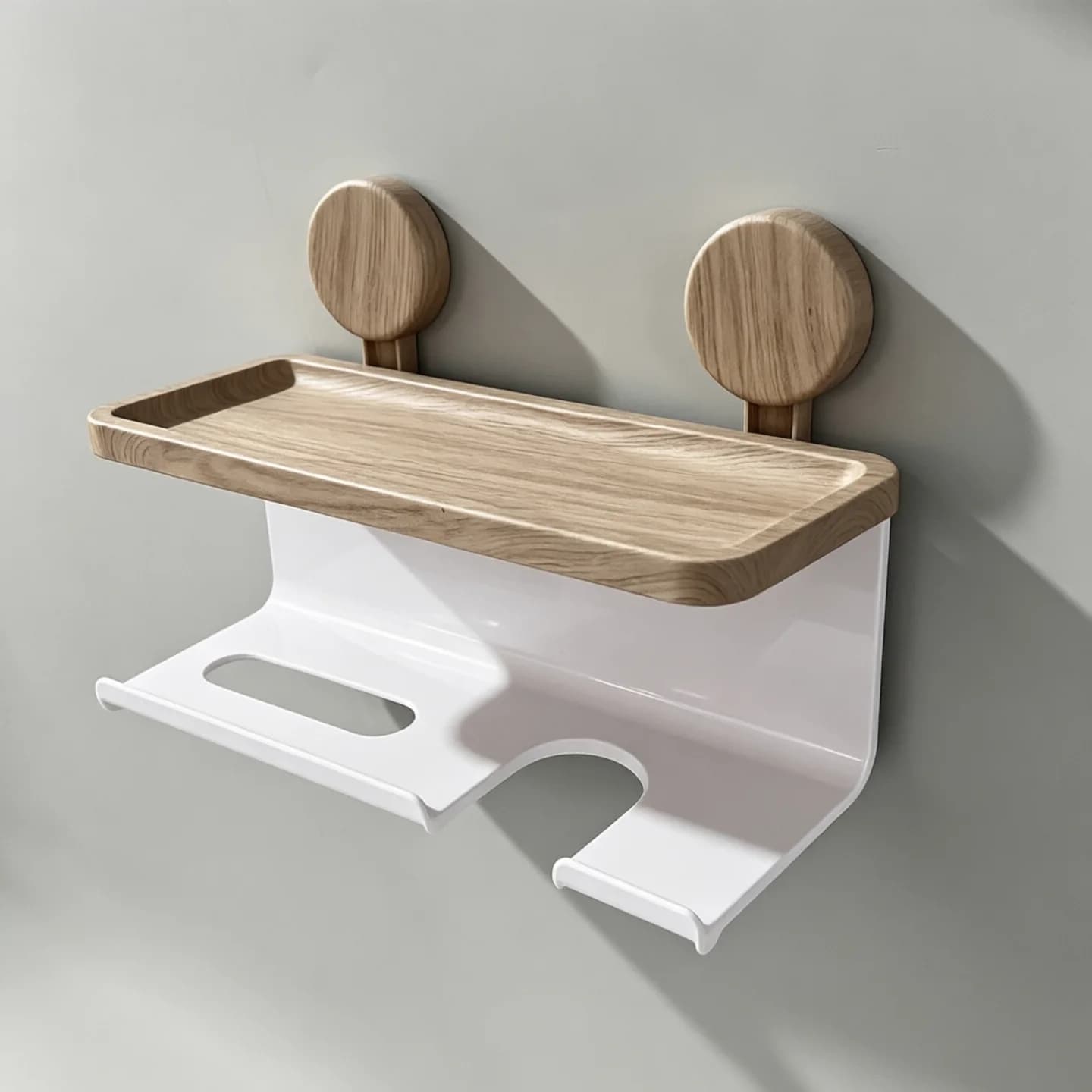 No Drill Suction Cup Toilet Paper Holder Wall Mounted, Wood Grain Bathroom Organizer Shelf with Phone Stand Hair Dryer Storage Rack, Removable Bathroom Accessory for Shower Restroom