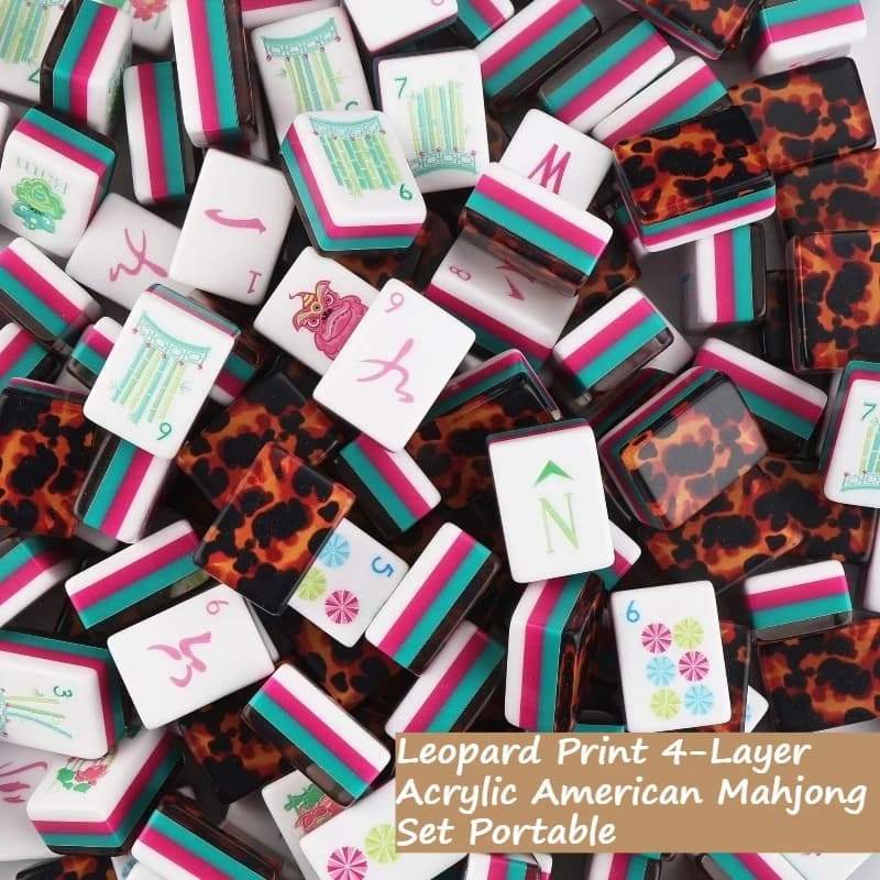 Nuovo Set di Mahjong Americano con Stampa Leopardata, Tessere in Acrilico a 4 Strati, Gioco di Mahjong Portatile