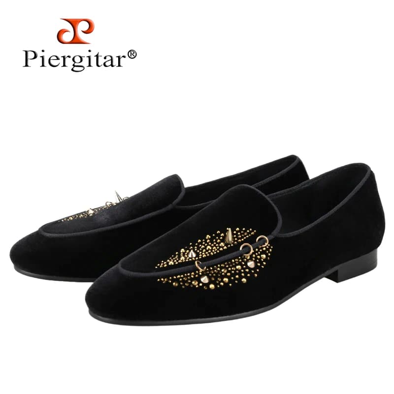 Pantofole da uomo in velluto nero Piergitar scarpe di marca di lusso stesso Design borchie e cristalli artigianali mocassini Slip-On per la festa