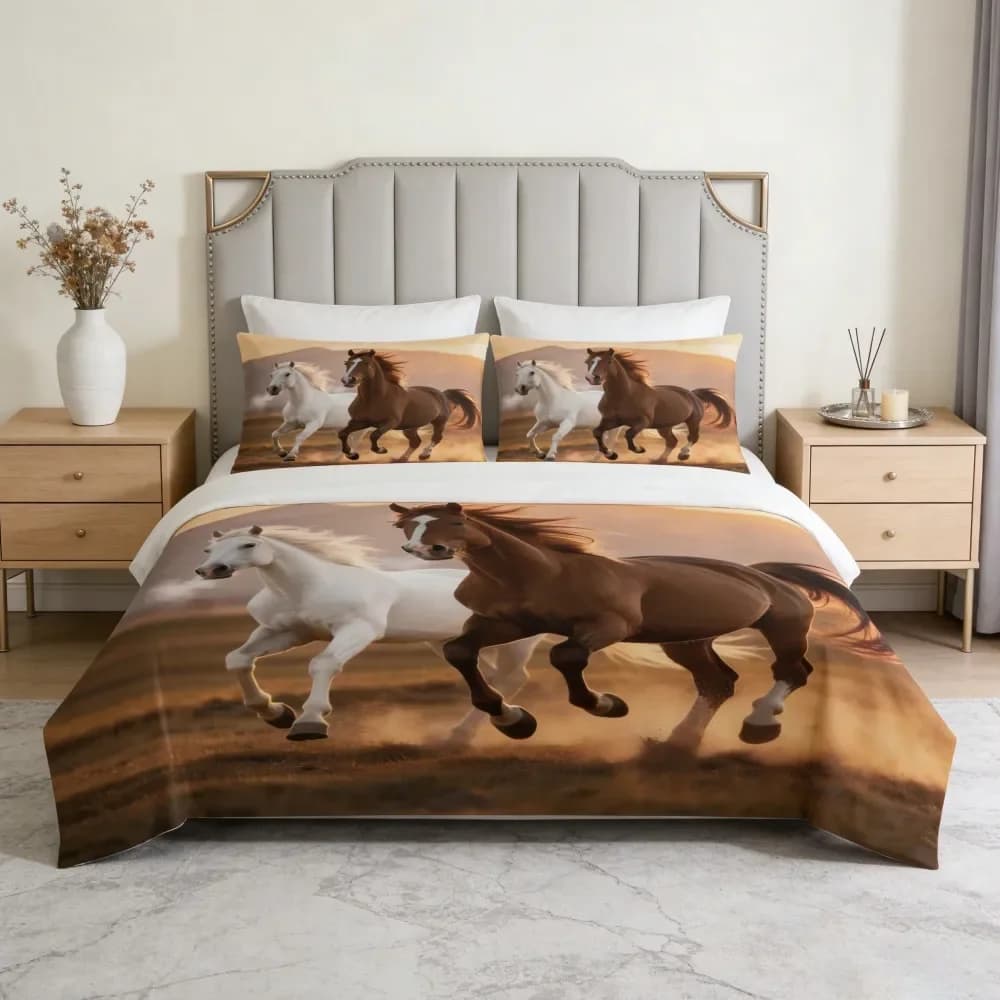 Set Copripiumino 3 Pezzi, 1 Copripiumino e 2 Federe, Senza Imbottitura, Stampa Artistica Cavallo Tramonto Foresta Stile Pittura a Olio, Morbido e Confortevole