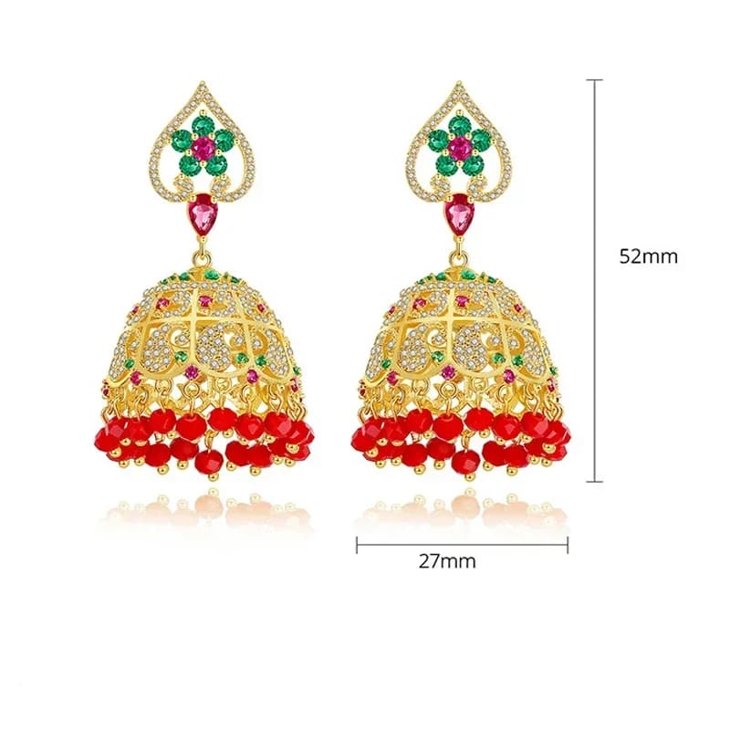 Women Gypsy Gold Color Crystal Zircon Bells Indian Jhumka Earrings Bohemian Retro Beads Tibetan Earrings Jhumki Bridal Wedding