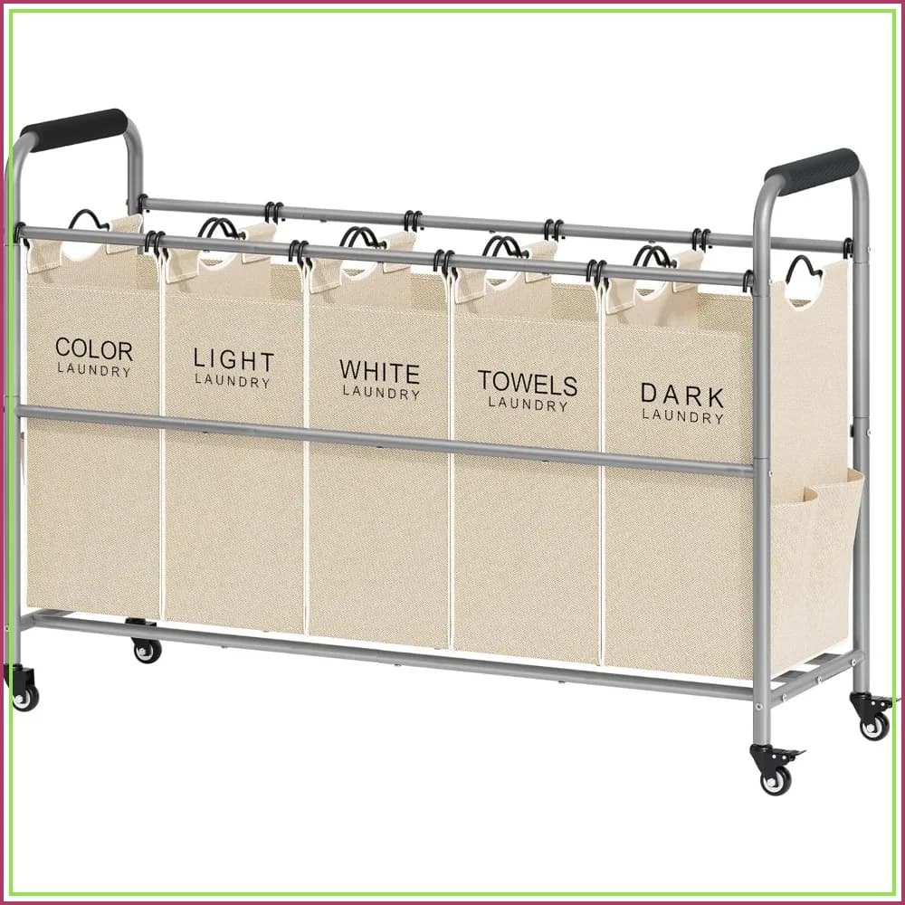 5 Section Laundry Sorter with Lockable Wheels & Removable Bags, Rolling Cart for Dirty Clothes Storage