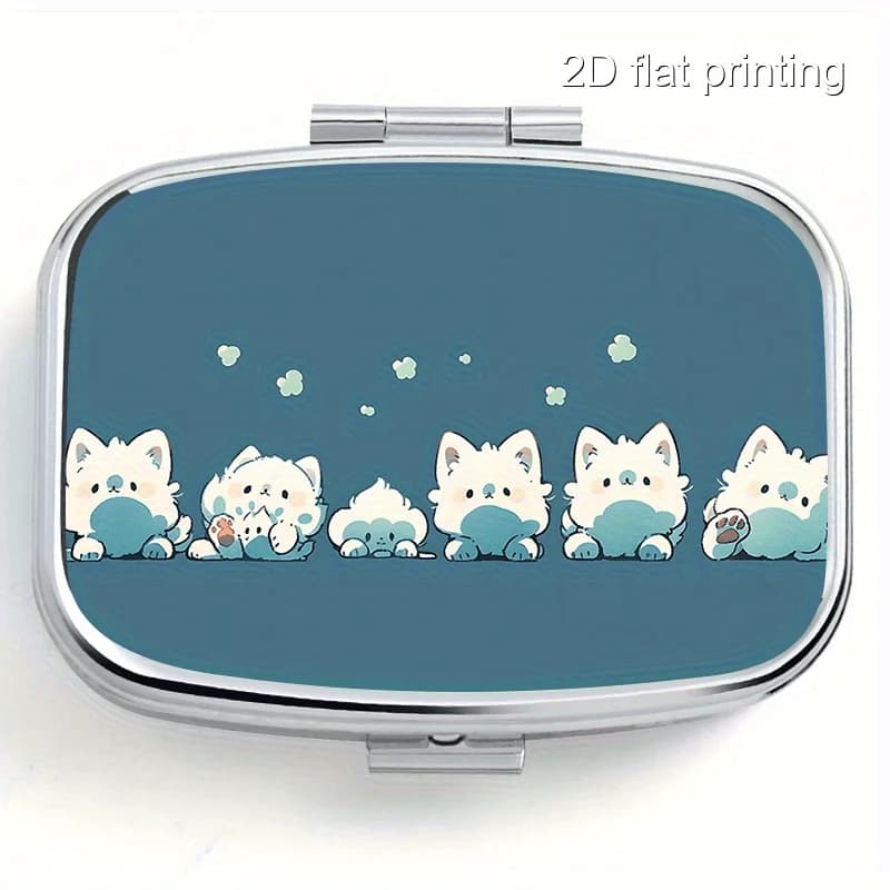Simple Pen-Shaped Square Pill Box with Kitten Pattern Print, Double-Compartment Mini Portable Pill Box, Suitable for Travel and Outdoor Activities, Can Be Placed in a Pocket or Wallet, Can Also Be Used as a Bag Decoration, Jewelry and Earring Storage Box, Multifunctional Metal Box, Metal Matchbox