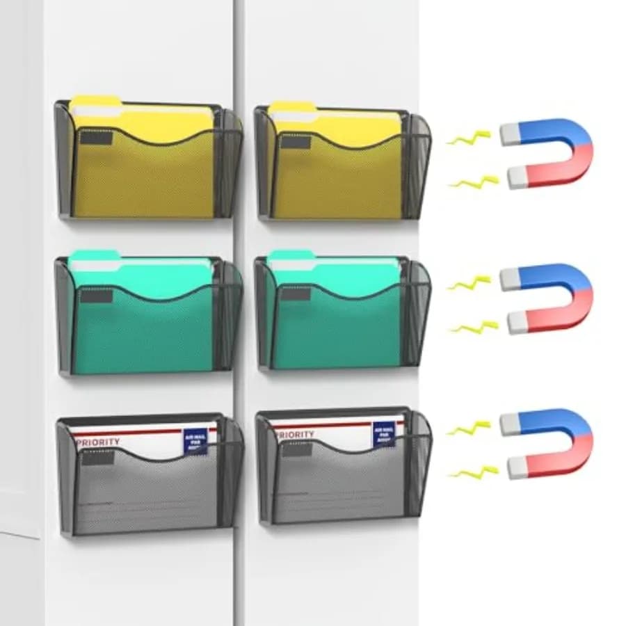Set di 6 Portadocumenti Magnetici a Rete, Organizzatore da Parete per Documenti, Porta Cartelle e Buste per Ufficio/Casa, Senza Foratura