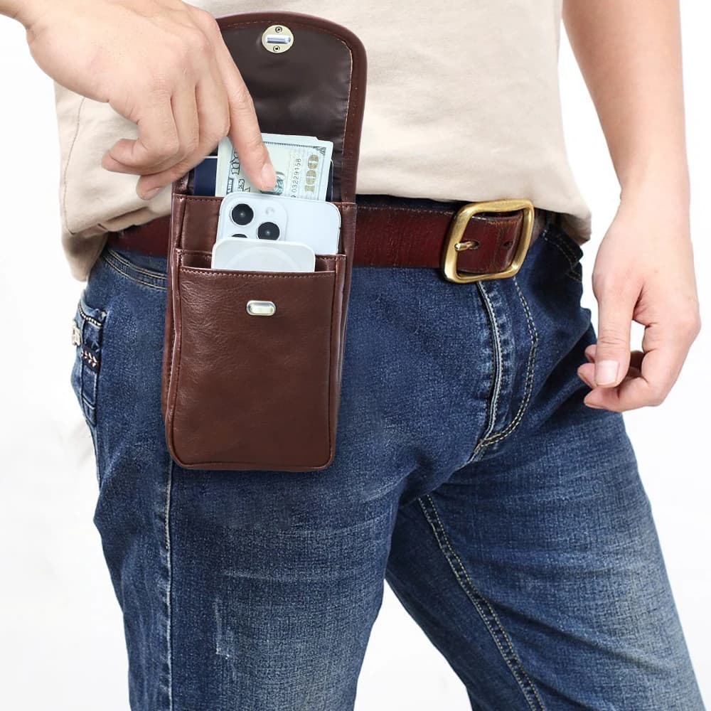 CONTACT'S Genuine Leather Men Waist Phone Pouch Luxury Washed Leather Waist Packs Vertical Belt Bum Bag for 6.9" iPhone Pro Max
