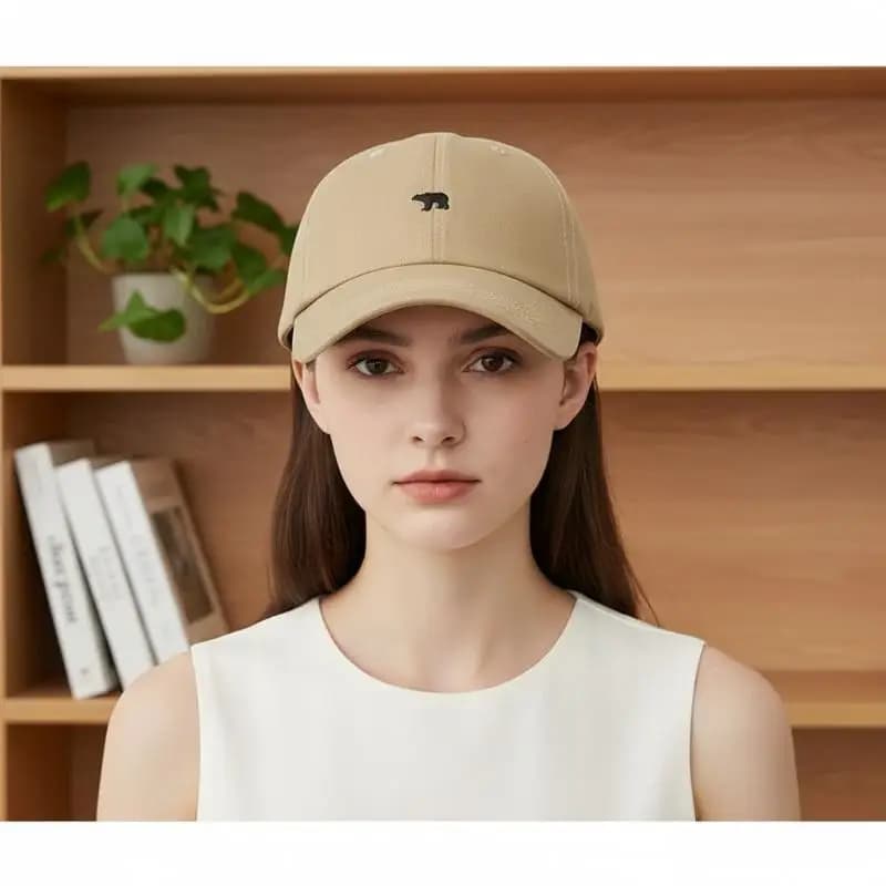 Unisex Bear Design Baseball Cap – Soft Khaki Fabric Cap, Stylish Outdoor Hat