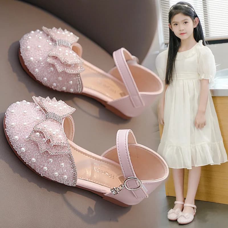 2026 Sandali per ragazze estive Moda Paillettes Fiocco con strass Scarpe da principessa per ragazze Scarpe per bambina Sandali con tacco piatto Taglia 23-35