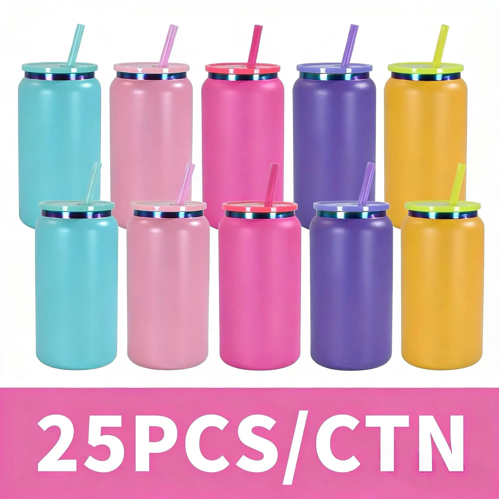 Set da 25 Tazze in Metallo Arcobaleno da 16oz con Coperchio e Cannuccia, Tazza Termica per Incisione Laser, Regali, Campeggio, Spedizione dagli Stati Uniti