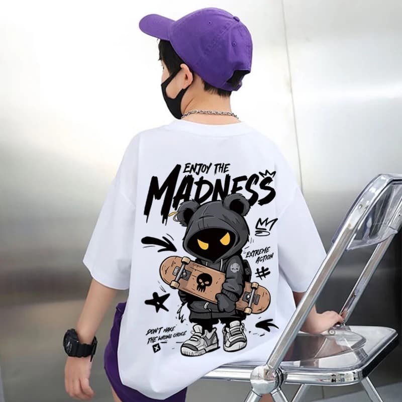 T-shirt per Bambini con Grafica Orso Skateboard Americano, Abbigliamento Estivo in Cotone per Ragazzi di 10 Anni