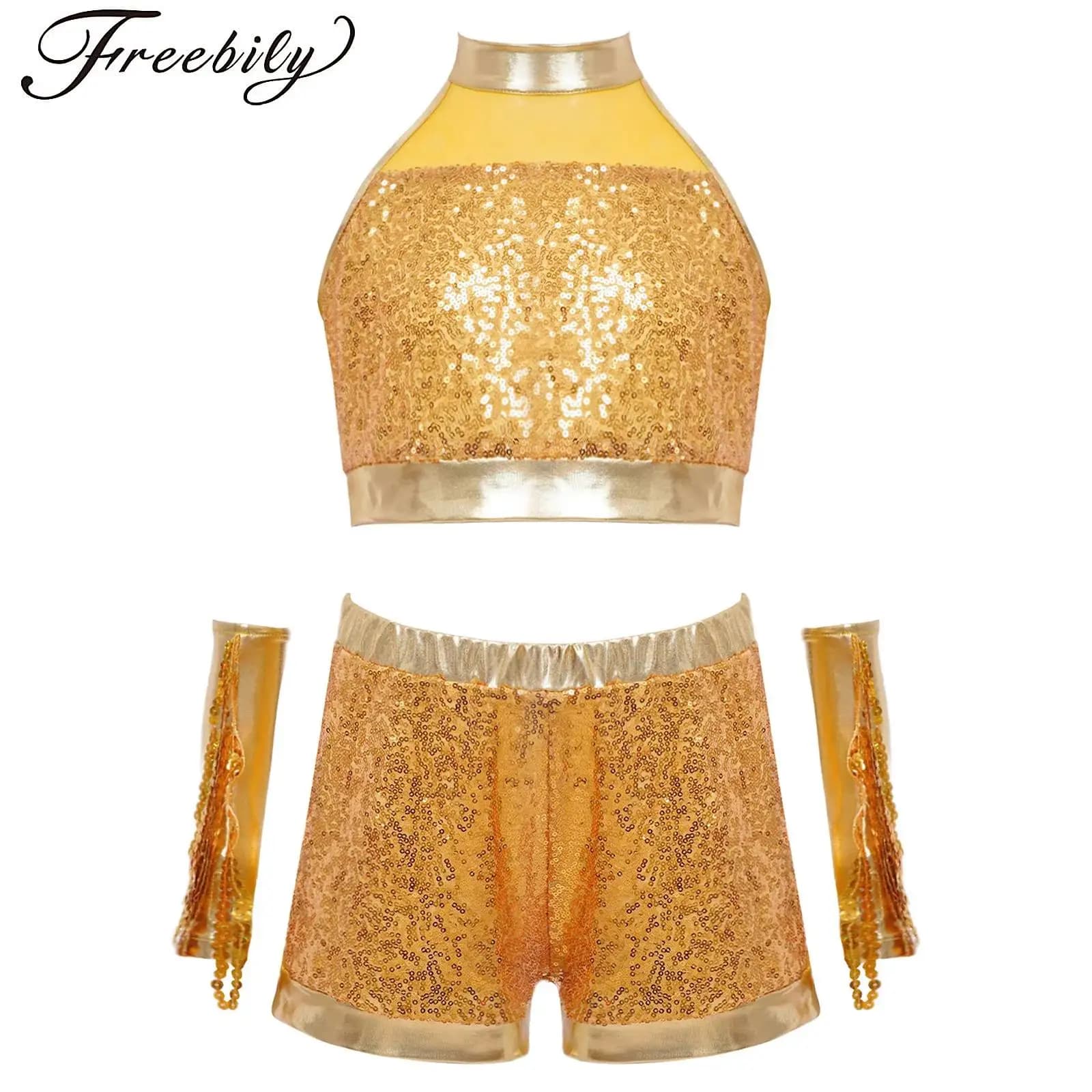 Costume da ballo jazz per ragazze, senza maniche, con paillettes glitterate, top corto metallico con pantaloncini e guanti con nappe, set di abbigliamento da ballo latino di carnevale
