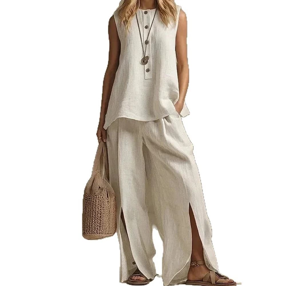 Completo da Donna Due Pezzi in Offerta: Blusa Casual Senza Maniche con Bottoni e Pantaloni a Gamba Larga a Vita Alta Elasticizzata