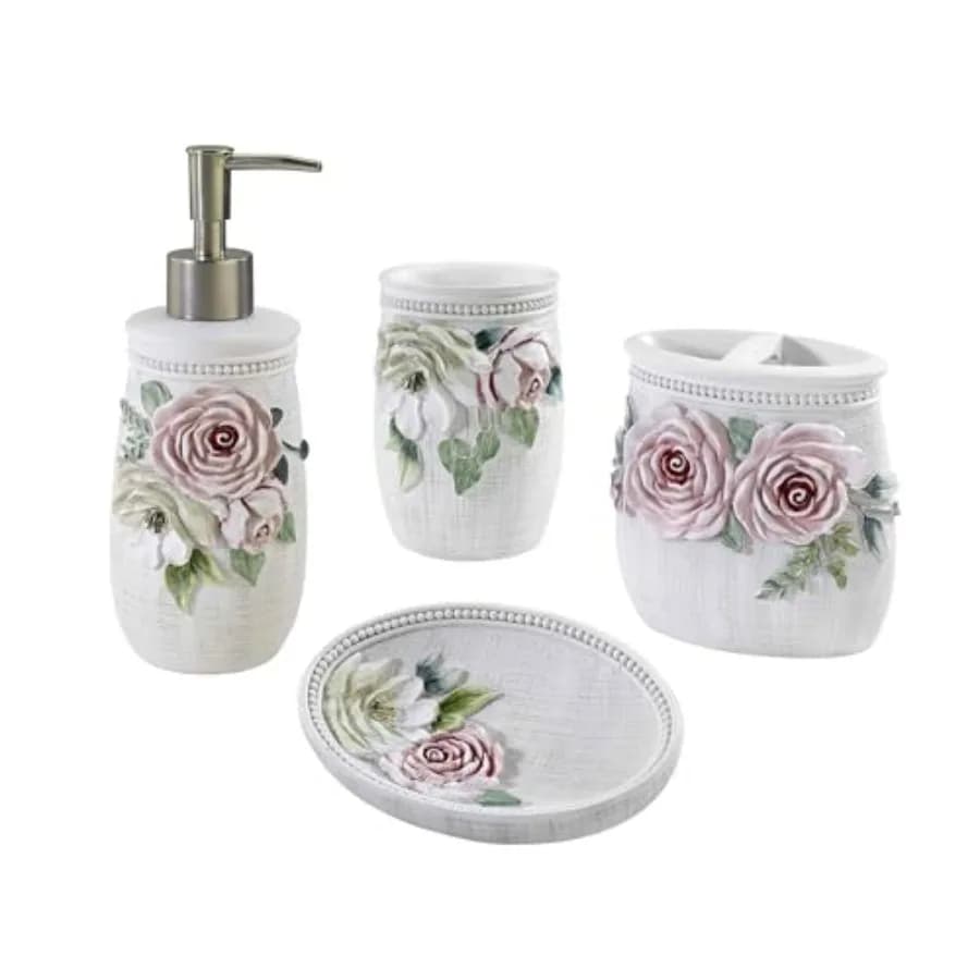 Set da Bagno in Resina Collezione Spring Garden: Portaspazzolino, Portasapone, Dispenser Lozione, Decorazione Durevole in Verde Pastello e Bianco