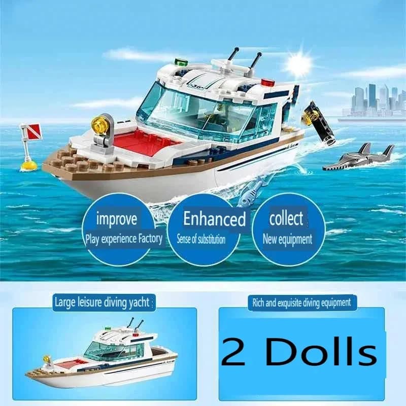 Serie di città 60221 Sunshine Diving Yacht Shark Puzzle Assemblaggio Patrol Ocean Boat Modello Building Block Toy Ragazzi Regalo per bambini