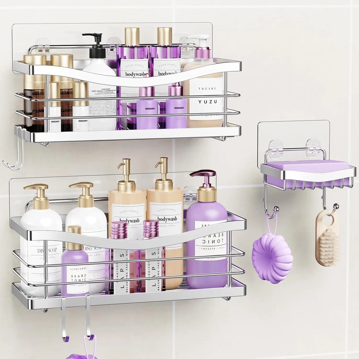 Shower Caddy 3 Pack-Shower Organizer Shelves Rack Rustproof SUS304 Stainless Steel for Bathroom Storage&Kitchen-No Drilling Adhesive Shower Caddy Shelf Dorm Room Essentials-Silver