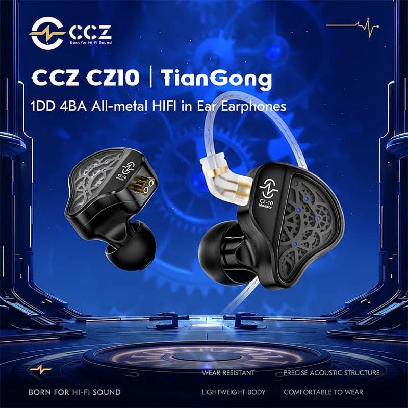 CCZ CZ10 1DD + 4BA Auricolari HIFI interamente in metallo In Ear Monitor staccabile 0,78 mm Cuffie a 2 pin Cavo Cuffie con cancellazione del rumore