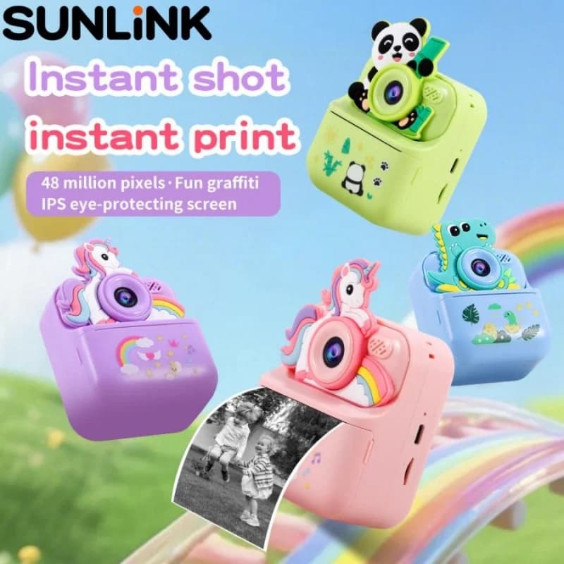 Fotocamera istantanea per bambini con stampante video e foto HD, fotocamera digitale per bambina e bambino, regalo di compleanno con unicorno e dinosauro, console di gioco