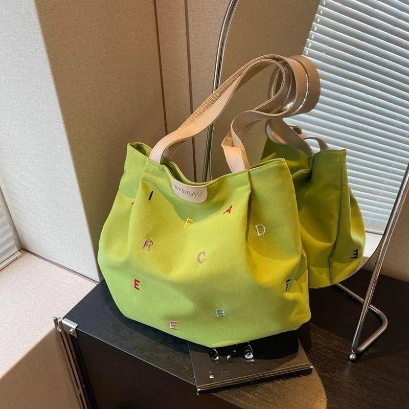 Large Capacity Canvas Shopping Bag Women's Trendy Letter Handbag Student Single Shoulder Bag Casual Style Spring Season