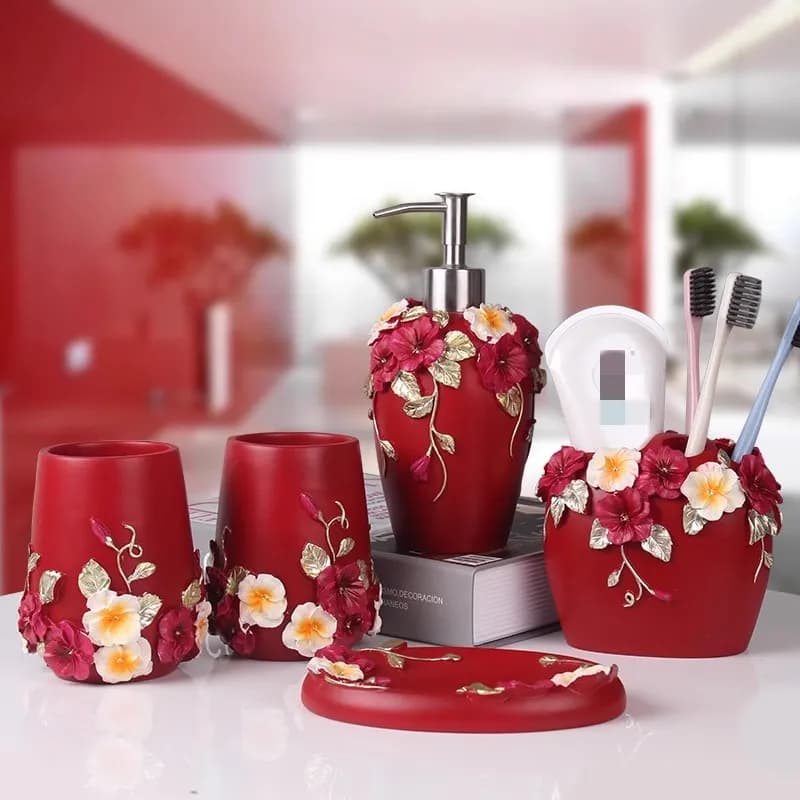 Set di accessori da bagno, portaspazzolino in resina floreale rossa, dispenser di sapone, bottiglia di shampoo, dispenser di dentifricio, regalo di nozze