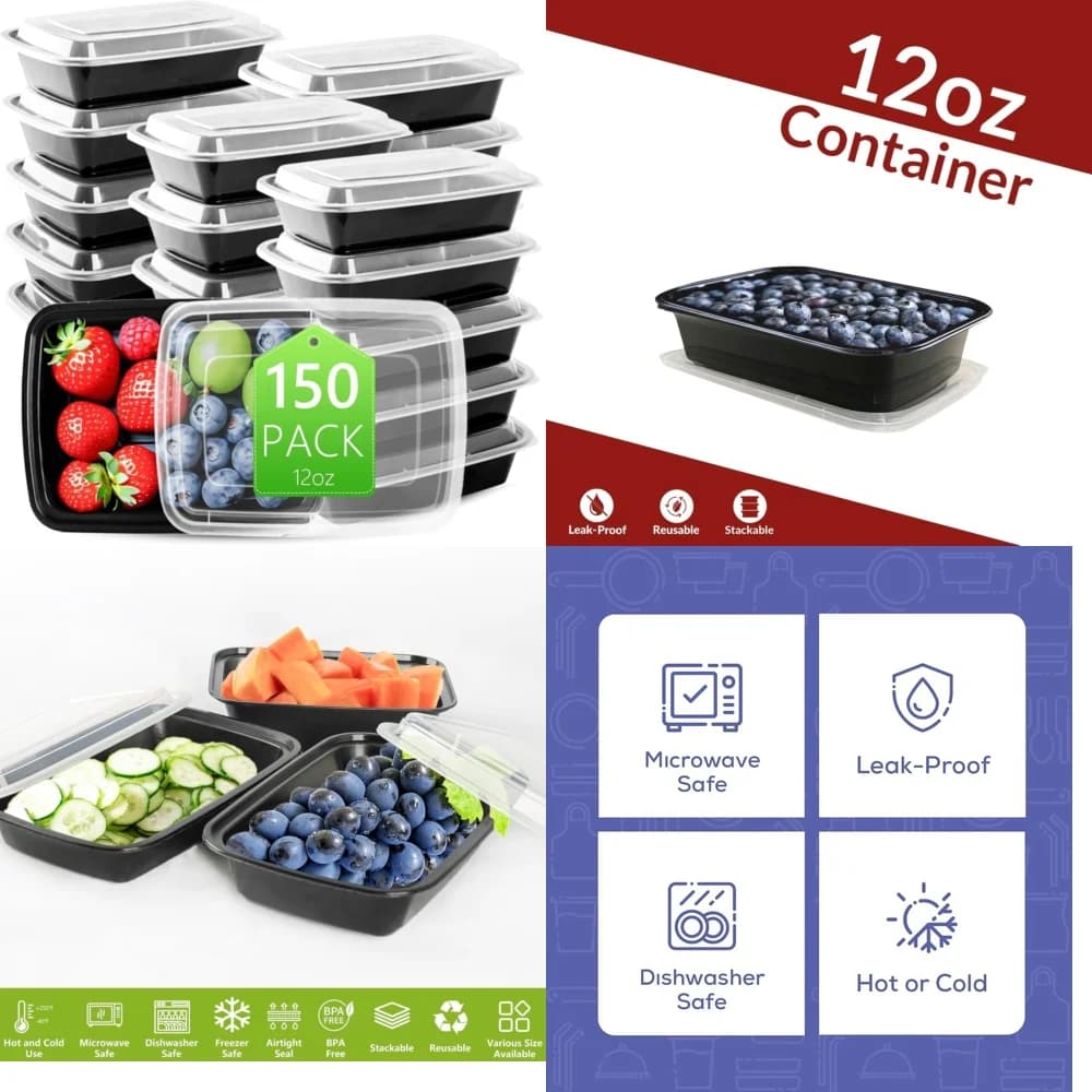 150 set piccoli contenitori per alimenti a 1 scomparto con coperchi contenitori per la preparazione dei pasti da 12 OZ senza BPA conservazione sicura a prova di perdite per microonde
