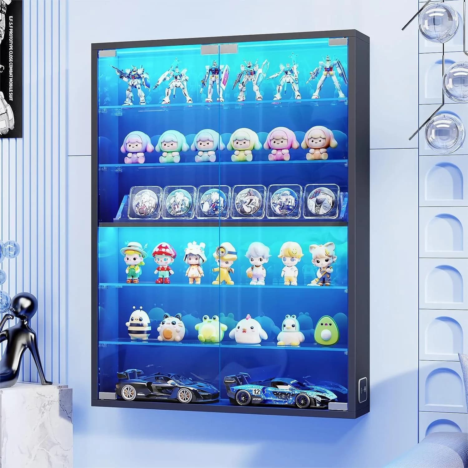 6-Tier Wall Display Case with Glass Doors and LED Lights for Sports Cards, Collectibles, Black