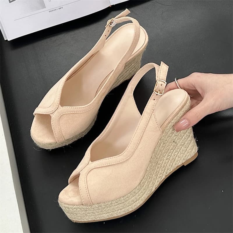 Eilyken New Summer Shallow Rattan Weave Platform Wedges Women Sandals Fashion Peep Toe Buckle Strap High Heels Shoes