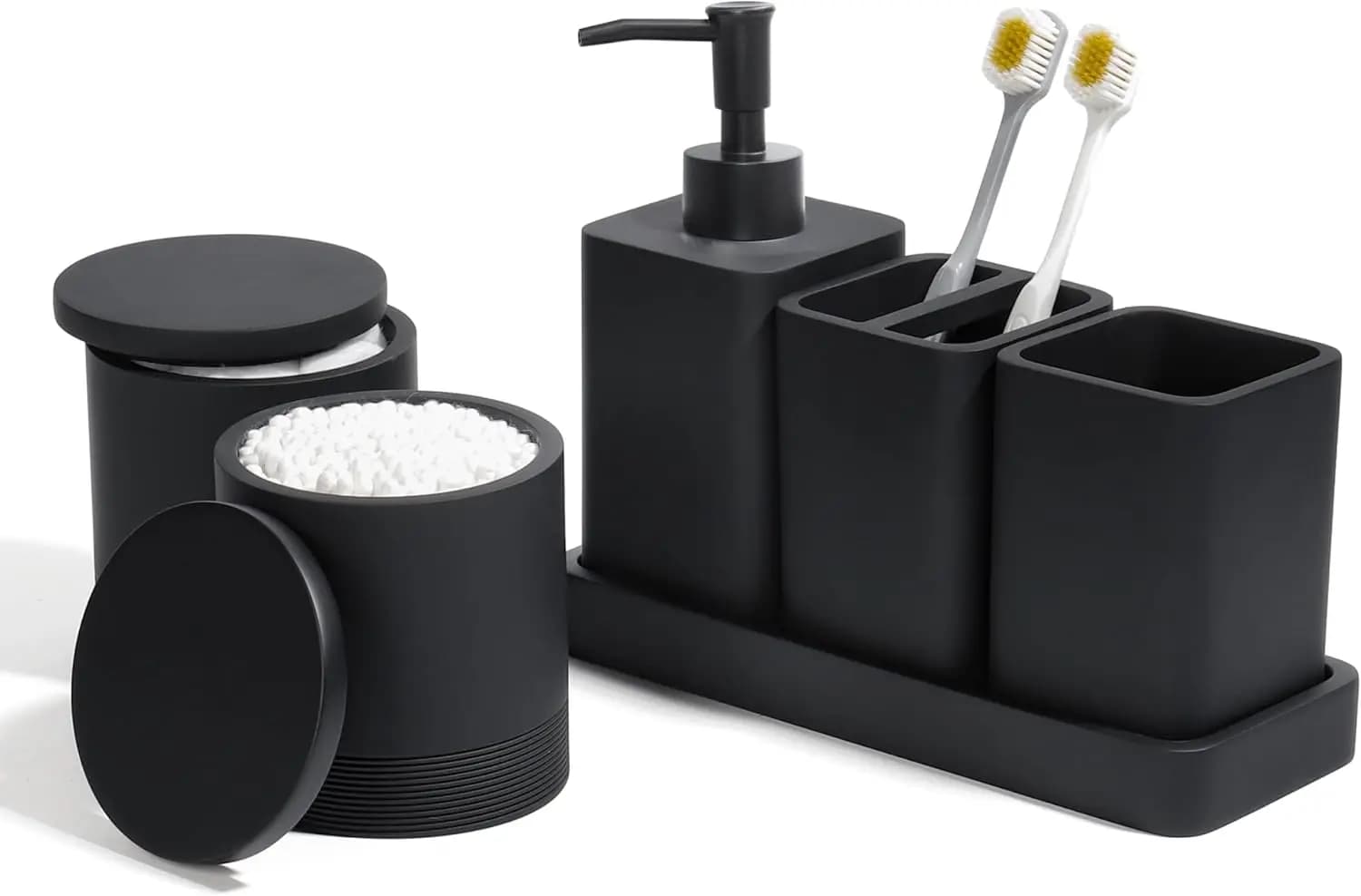 Set di Accessori per Bagno in Nero Opaco, Organizzatore a 6 Pezzi con Portaspazzolini, Dispenser Sapone, Vassoio Portaoggetti