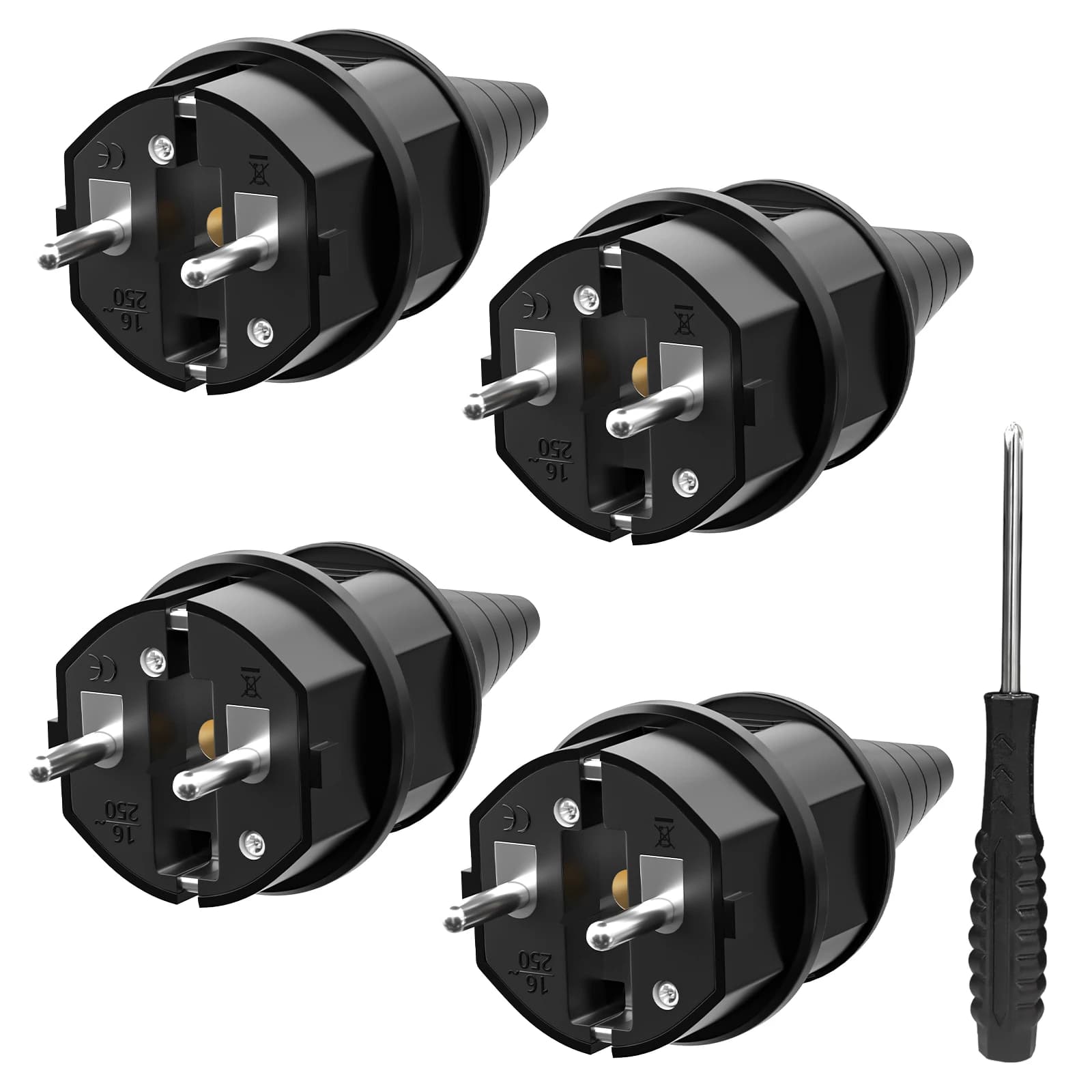4pcs EU Plug Adapter 250v 16A Male Replacement Outlets Rewireable Electric Schuko Power plug Germany Connector Waterproof black