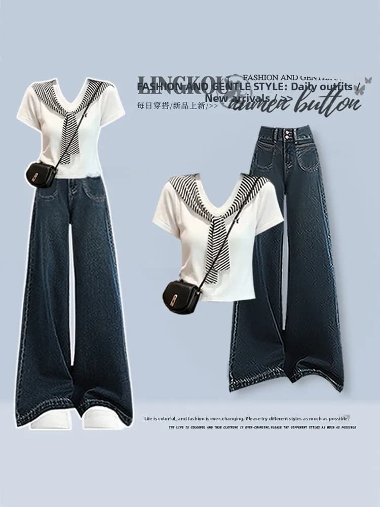 Anti-Aging Summer Set Women's Korean College Style Striped Shoulder T-Shirt Slim Wide Leg Jeans Two-Piece Set Casual Fashion